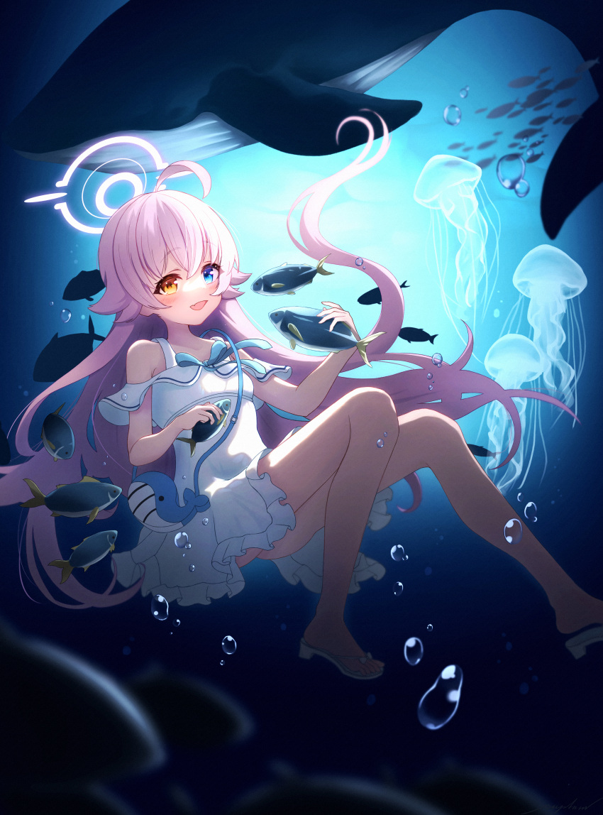 1girl, :d, absurdres, ahoge, air_bubble, alternate_costume, animal, backlighting