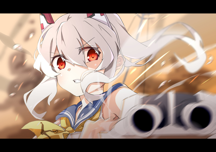 1girl, absurdres, ayanami_(azur_lane), azur_lane, black_border, border, bow, highres, long_hair, musihara, red_eyes, school_uniform, shirt, solo, white_hair, yellow_bow
