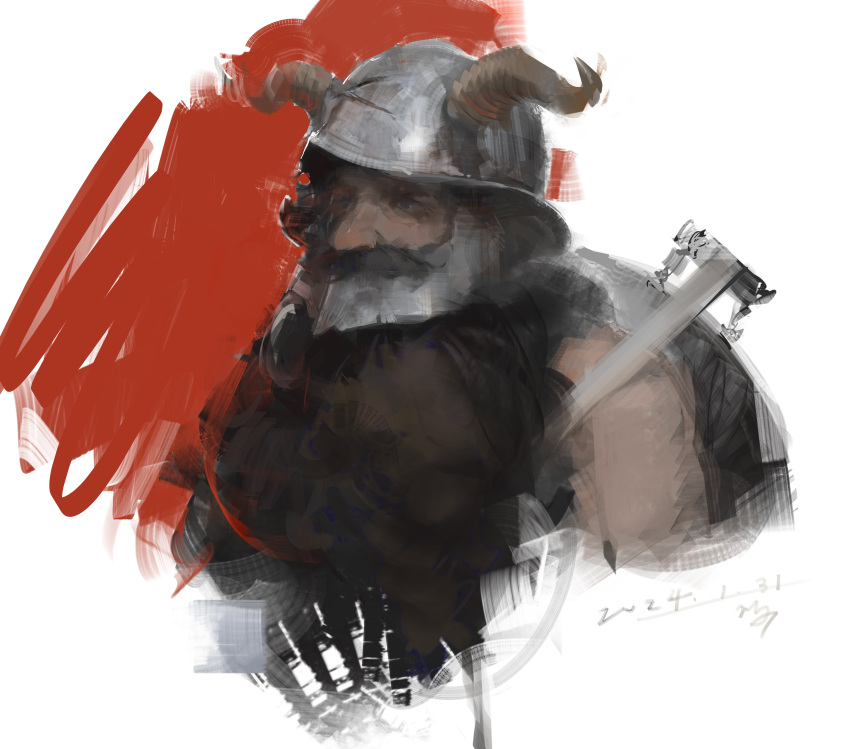 1boy, absurdres, beard, commentary_request, cropped_shoulders, dated, dungeon_meshi, facial_hair, fake_horns, full_beard, helm, helmet, highres, horned_helmet, horns, male_focus, qiumoyixing, senshi_(dungeon_meshi), signature, solo, white_background