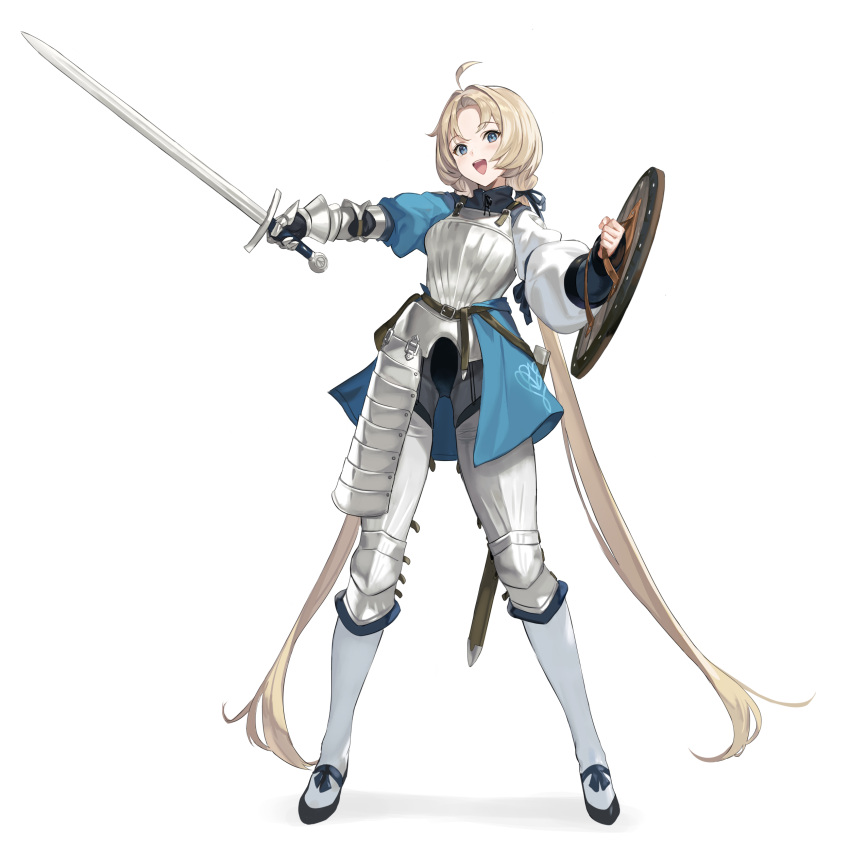 1girl, :d, absurdres, ahoge, armor, belt, blonde_hair, blue_eyes