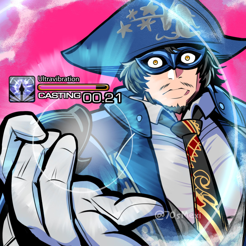 1boy, beard, black_hair, blue_hat, blue_mage_(final_fantasy), blue_suit, dress_shirt, eye_mask, facial_hair, final_fantasy, final_fantasy_xiv, flick, gameplay_mechanics, gloves, hat, highres, hyur, looking_at_viewer, martyn_(ff14), necktie, pink_background, shirt, small_pupils, suit, that_70s_mexi, white_gloves, yellow_eyes