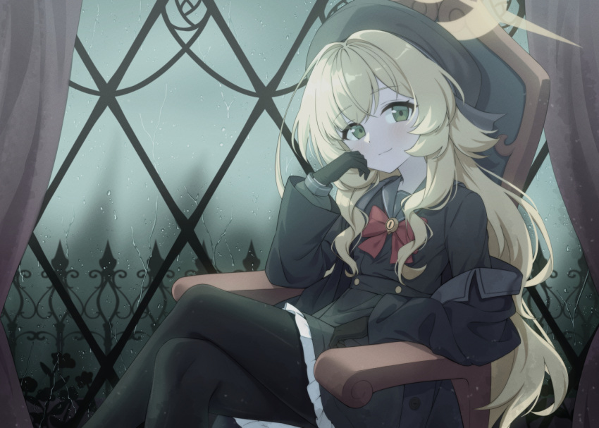 1girl, black_coat, black_gloves, black_pantyhose, black_shirt, black_skirt, blonde_hair, blue_archive