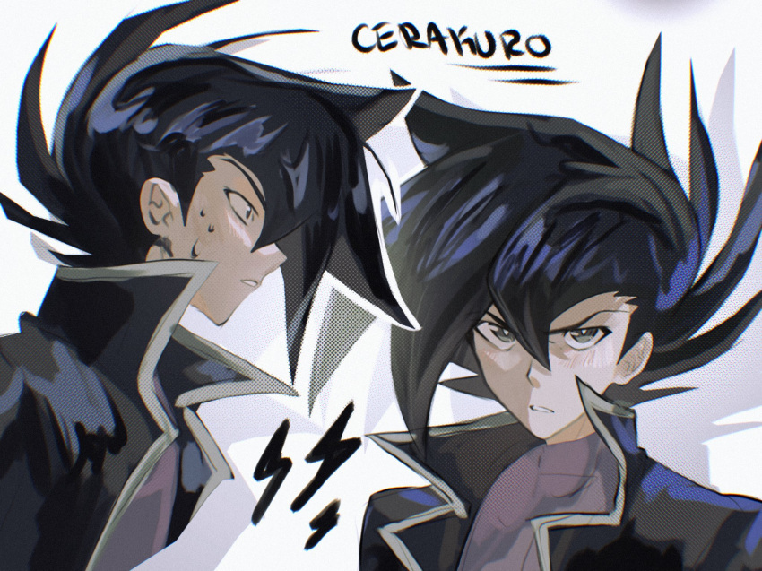 1boy, artist_name, black_coat, black_hair, cerakuro, coat, highres, lightning_bolt_symbol