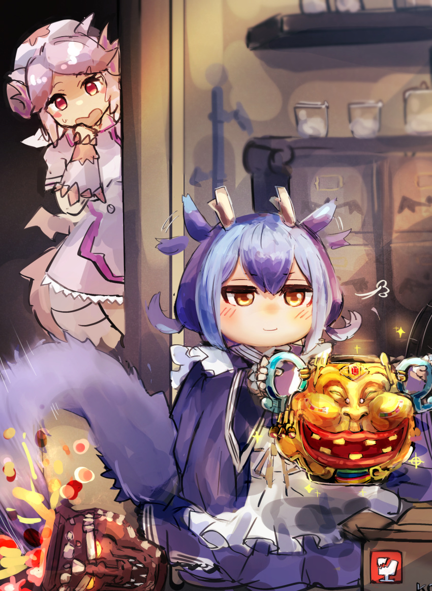 2girls, absurdres, apron, blue_hair, blue_kimono, dragon_capture_jar, dragon_girl, dragon_horns