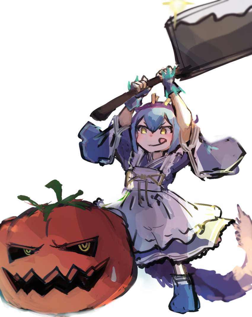1girl, 1other, apron, axe, blue_hair, blue_kimono, dragon_girl, dragon_horns