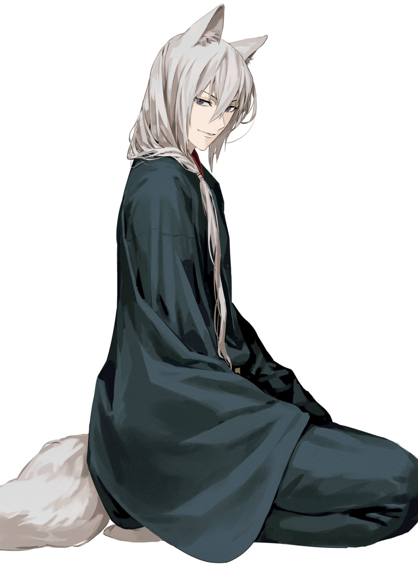 1boy, animal_ears, blue_kimono, commentary_request, fox_boy, fox_ears, fox_tail, full_body
