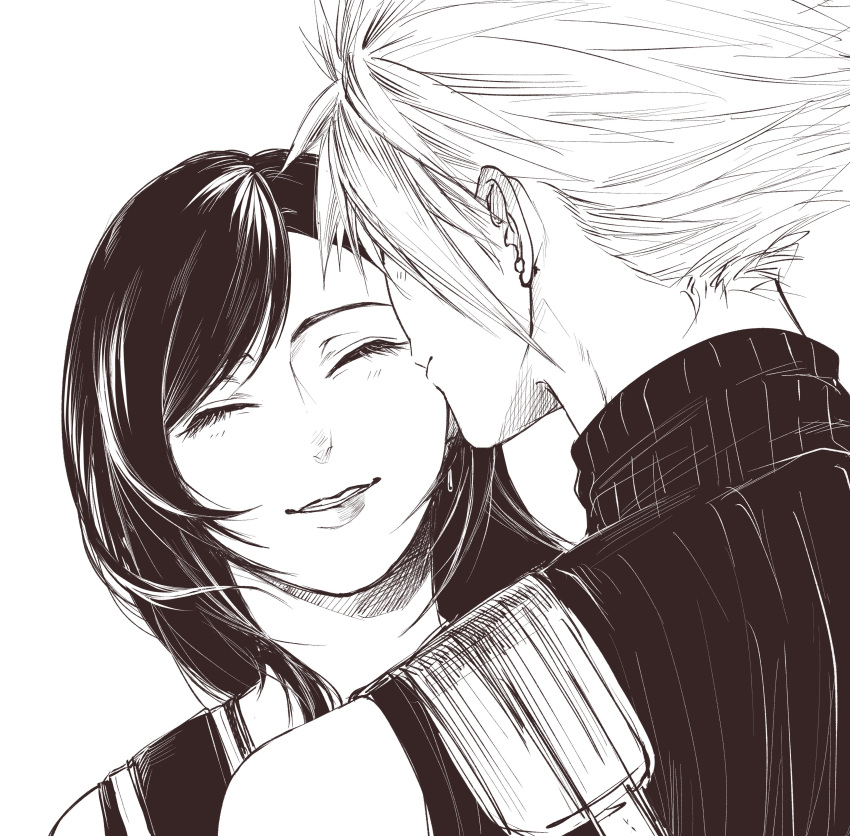 1boy, 1girl, absurdres, bare_shoulders, black_hair, blush, closed_eyes, cloud_strife, couple, ear_blush, earrings, facing_another, facing_viewer, final_fantasy, final_fantasy_vii, final_fantasy_vii_rebirth, final_fantasy_vii_remake, from_behind, greyscale, height_difference, highres, jewelry, kirinomon, kiss, kissing_cheek, light_blush, long_hair, monochrome, parted_lips, ribbed_sweater, short_hair, single_earring, sleeveless, sleeveless_turtleneck, smile, spiky_hair, stud_earrings, suspenders, sweater, swept_bangs, tifa_lockhart, turtleneck, turtleneck_sweater, upper_body, white_background