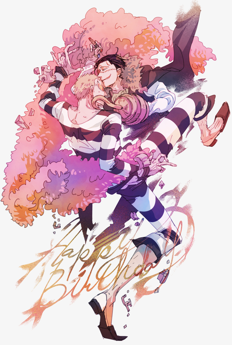 ascot, black_hair, blonde_hair, broken_handcuffs, cigar, coat, commentary_request, crocodile_(one_piece), donquixote_doflamingo, full_body, fur-trimmed_coat, fur_trim, hair_slicked_back, happy_birthday, holding, holding_cigar, hook_hand, jewelry, naoko-sea, one_piece, prison_clothes, ring, short_hair, simple_background, smile, stitched_face, stitches, sunglasses, sweatdrop, white_background