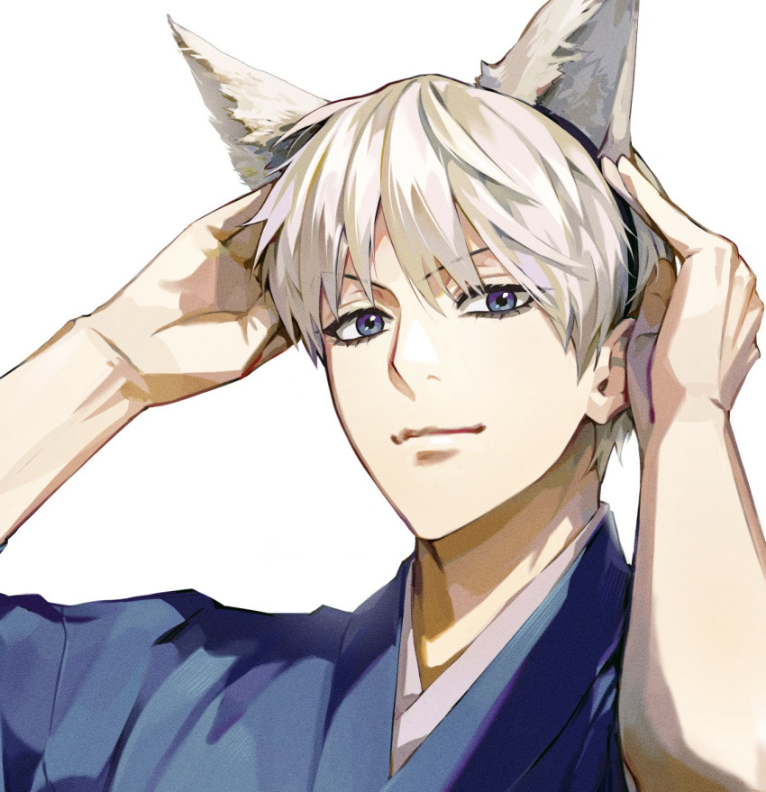 1boy, animal_ears, arms_up, blue_kimono, commentary_request, fake_animal_ears, fox_ears, fox_tail