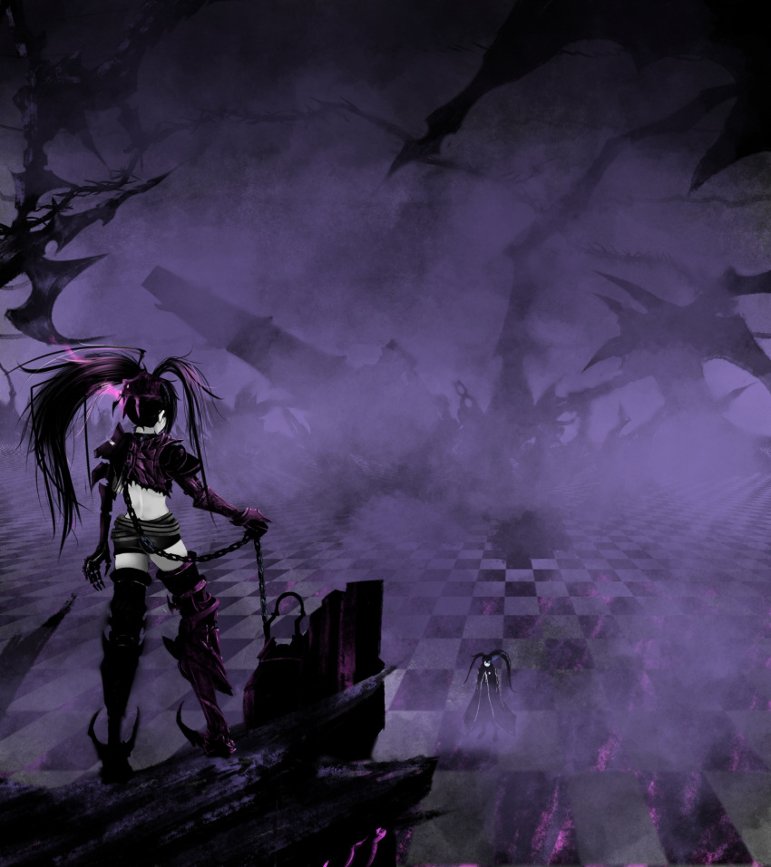2girls, armor, armored_boots, armored_gloves, belt, belt_skirt, black_rock_shooter, black_rock_shooter_(character)