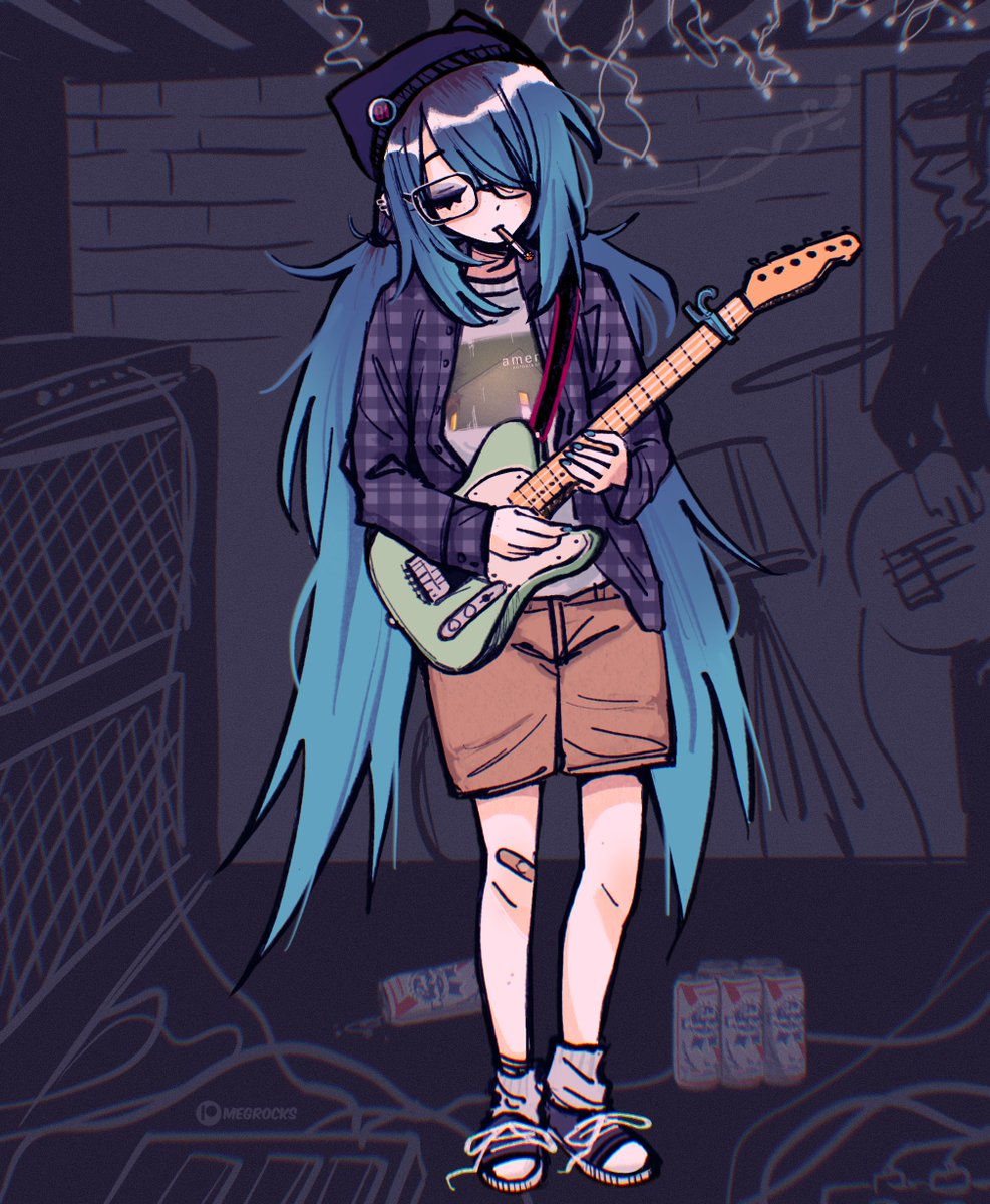 1girl, alternate_costume, artist_name, bandaid, bandaid_on_knee, bandaid_on_leg, beanie, blue_hair