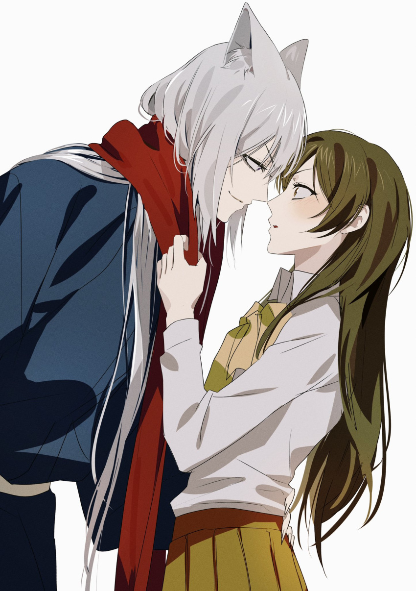1boy, 1girl, animal_ear_fluff, animal_ears, blue_kimono, blush, brown_hair, commentary_request