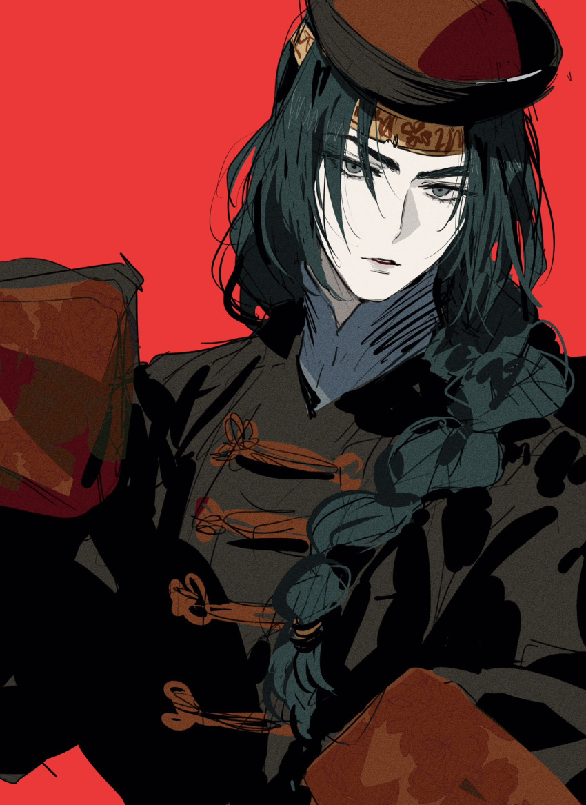 1boy, black_hair, changpao, character_request, chinese_clothes, commentary_request, copyright_request, galgoha, grey_eyes, hair_over_shoulder, hat, highres, jiangshi, korean_commentary, long_hair, looking_at_viewer, male_focus, ofuda, qingdai_guanmao, red_background, simple_background, sleeves_past_fingers, sleeves_past_wrists, solo, upper_body
