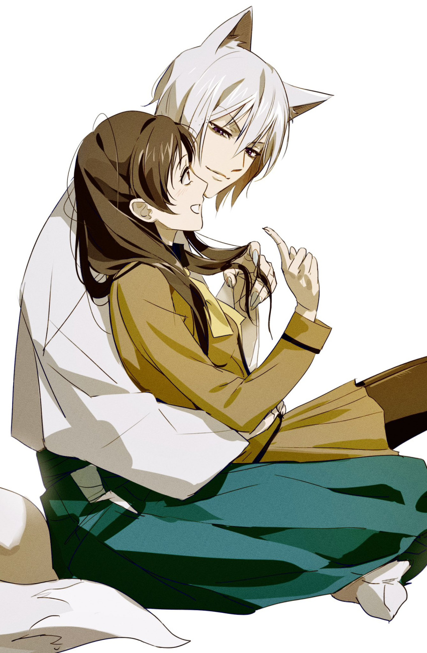 1boy, 1girl, animal_ears, brown_eyes, brown_hair, commentary_request, fingernails, fox_boy