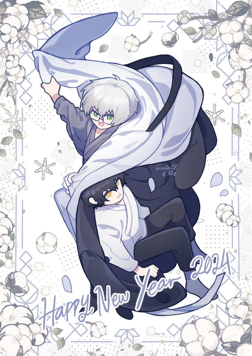 2boys, absurdres, ayin_(project_moon), benjamin_(project_moon), black_coat, black_hair, black_pants, closed_mouth