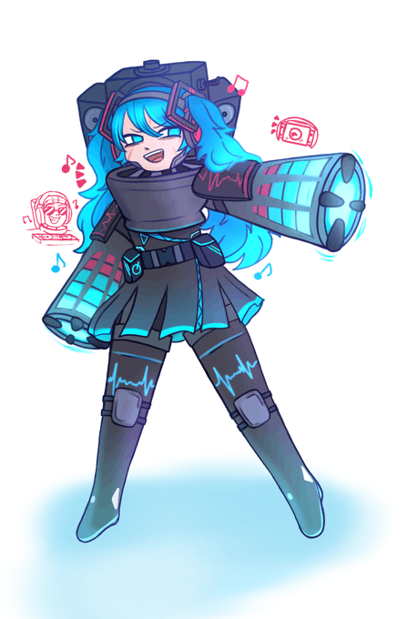 aqua_eyes, aqua_hair, dj_skibidi_toilet, hair_ornament, hatsune_miku, long_hair, skibidi_toilet_(character), skibidi_toilet_(series), skirt, speaker, speaker_man_(skibidi_toilet), toilet, twintails, vocaloid