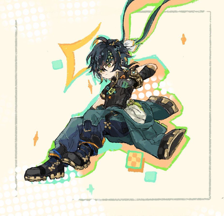 1boy, aqua_headband, aqua_pants, aqua_ribbon, black_footwear, black_gloves, black_hair, black_shirt