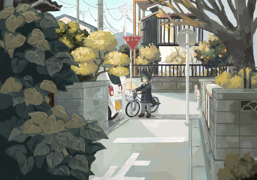 1boy, aged_down, animal_ear_fluff, animal_ears, basket, bicycle, bicycle_basket, black_coat