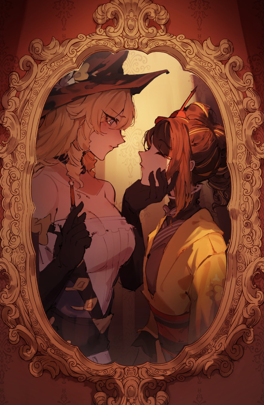 2girls, bare_shoulders, black_gloves, black_hat, blonde_hair, breasts, brown_hair, chiori_(genshin_impact)