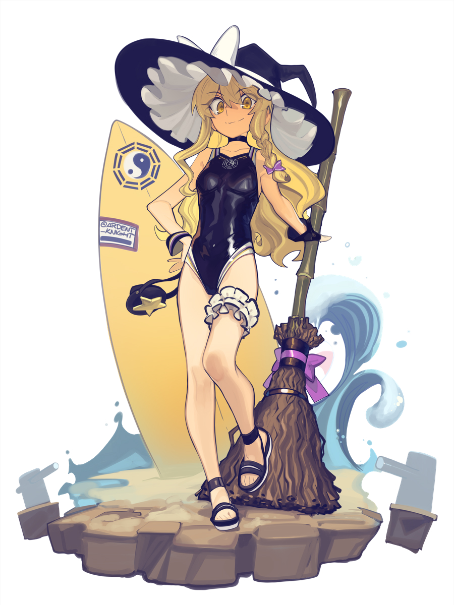 1girl, asymmetrical_gloves, black_footwear, black_gloves, black_one-piece_swimsuit, blonde_hair, boa_(brianoa), bow