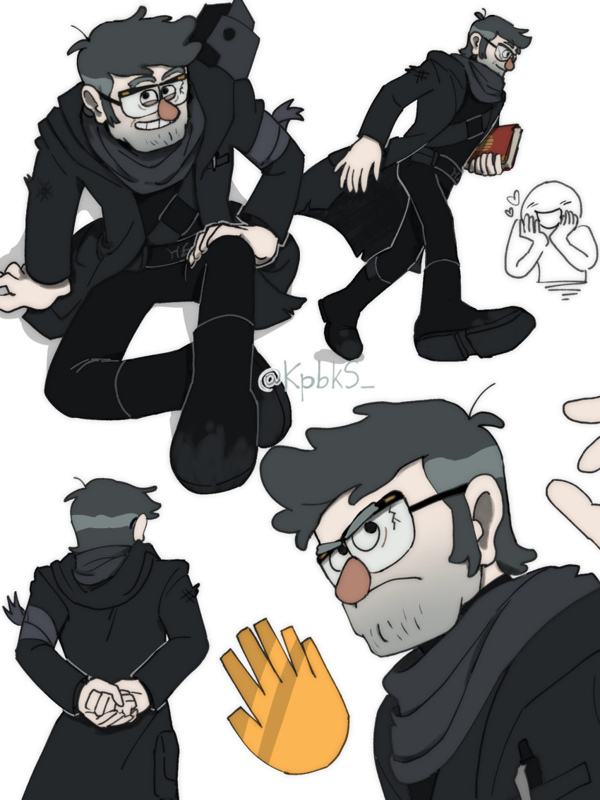 1boy, 1other, arms_behind_back, black_footwear, black_jacket, black_pants, book, boots