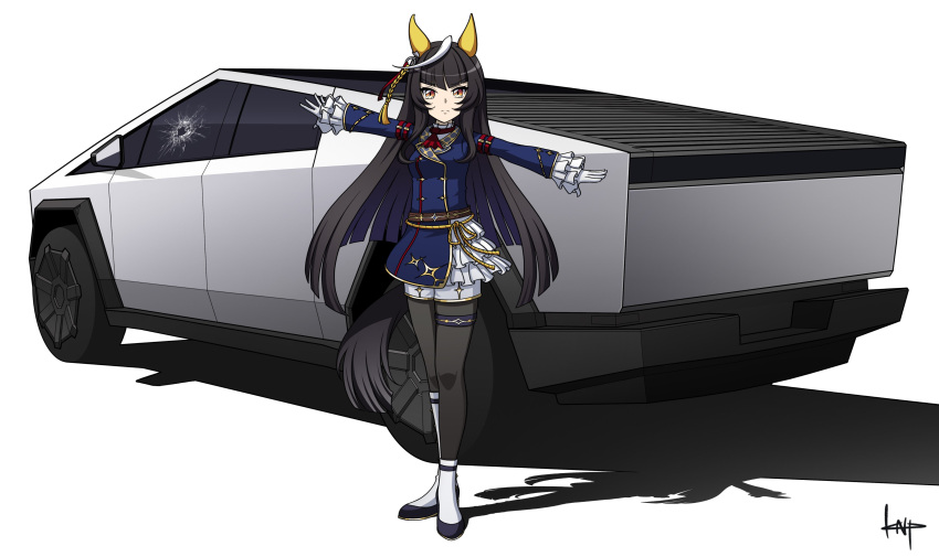 1girl, absurdres, ahoge, animal_ears, ascot, asymmetrical_legwear, black_hair, black_pantyhose