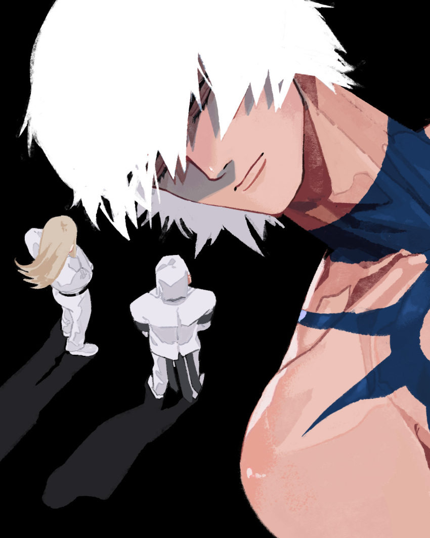 3boys, belt, black_background, black_belt, blonde_hair, chest_tattoo, closed_eyes, closed_mouth