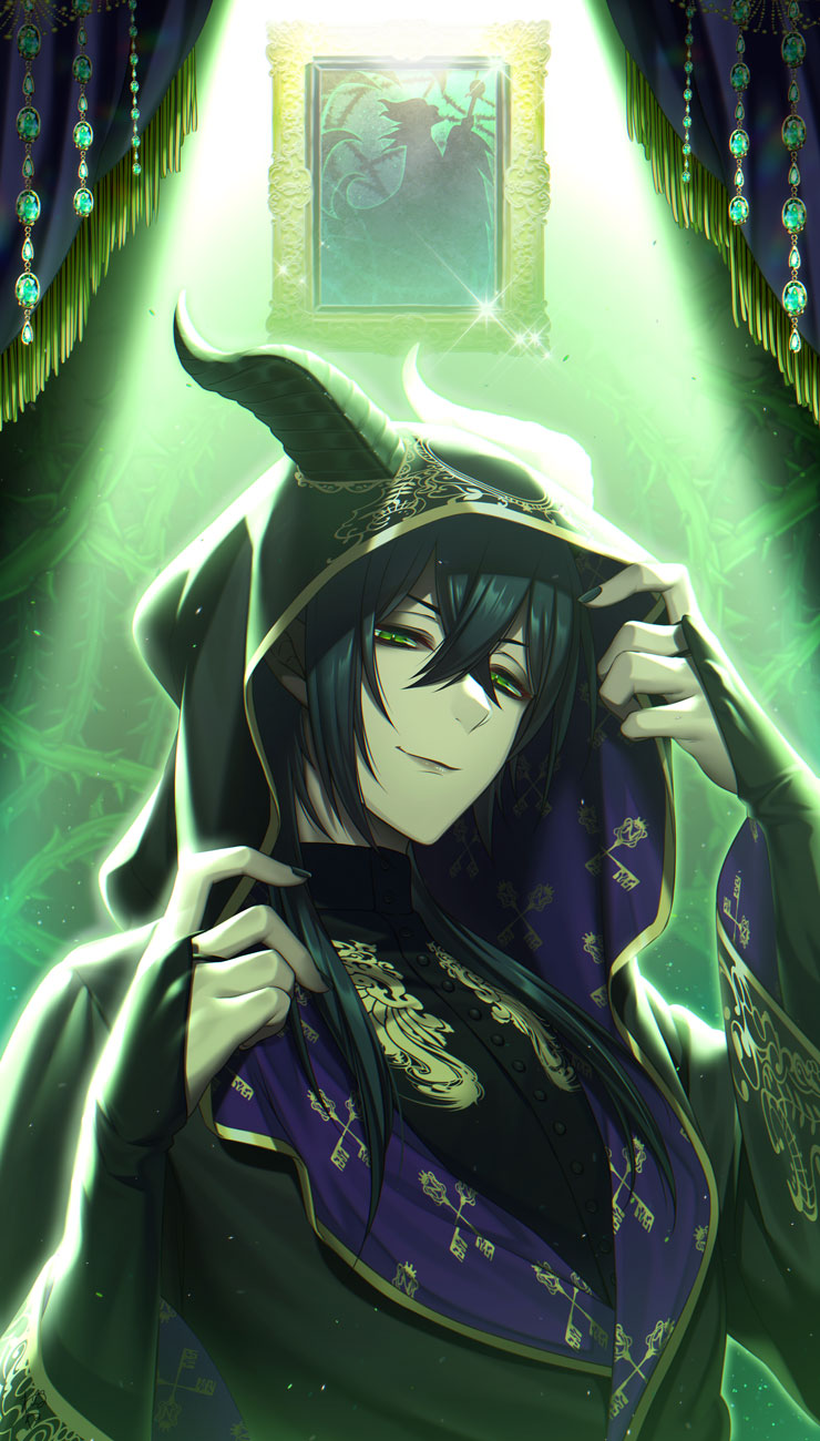 1boy, bishounen, black_hair, black_robe, bridal_gauntlets, dragon_boy, dragon_horns, green_eyes