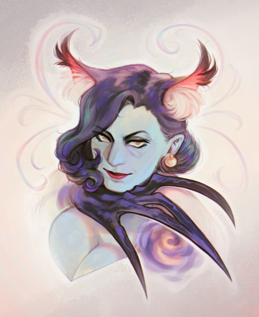 1girl, alcina_dimitrescu, animal_ears, black_hair, cat_ears, closed_mouth, earrings, highres, jewelry, medium_hair, pearl_earrings, pooziqopierdun, resident_evil, resident_evil_village, single_earring, solo