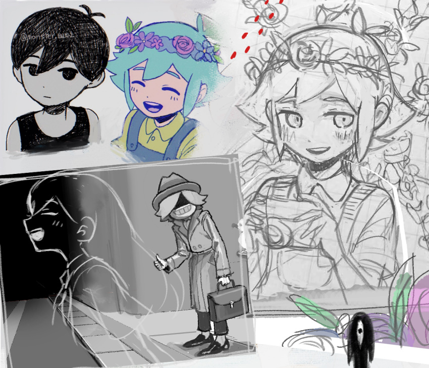 1girl, 3boys, basil_(headspace)_(omori), basil_(omori), black_eyes, black_hair, black_tank_top, blue_overalls