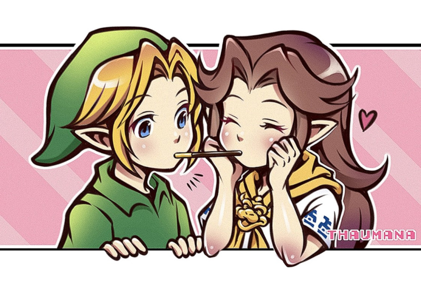 1boy, 1girl, artist_name, blonde_hair, blue_eyes, blush, border, brown_hair