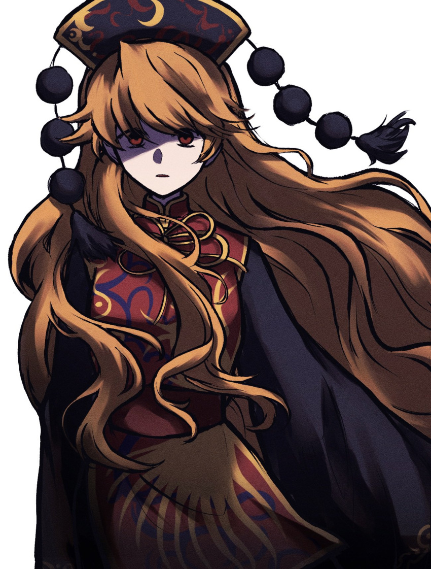 1girl, belt, black_dress, black_hat, brown_belt, chinese_clothes, closed_mouth, crescent