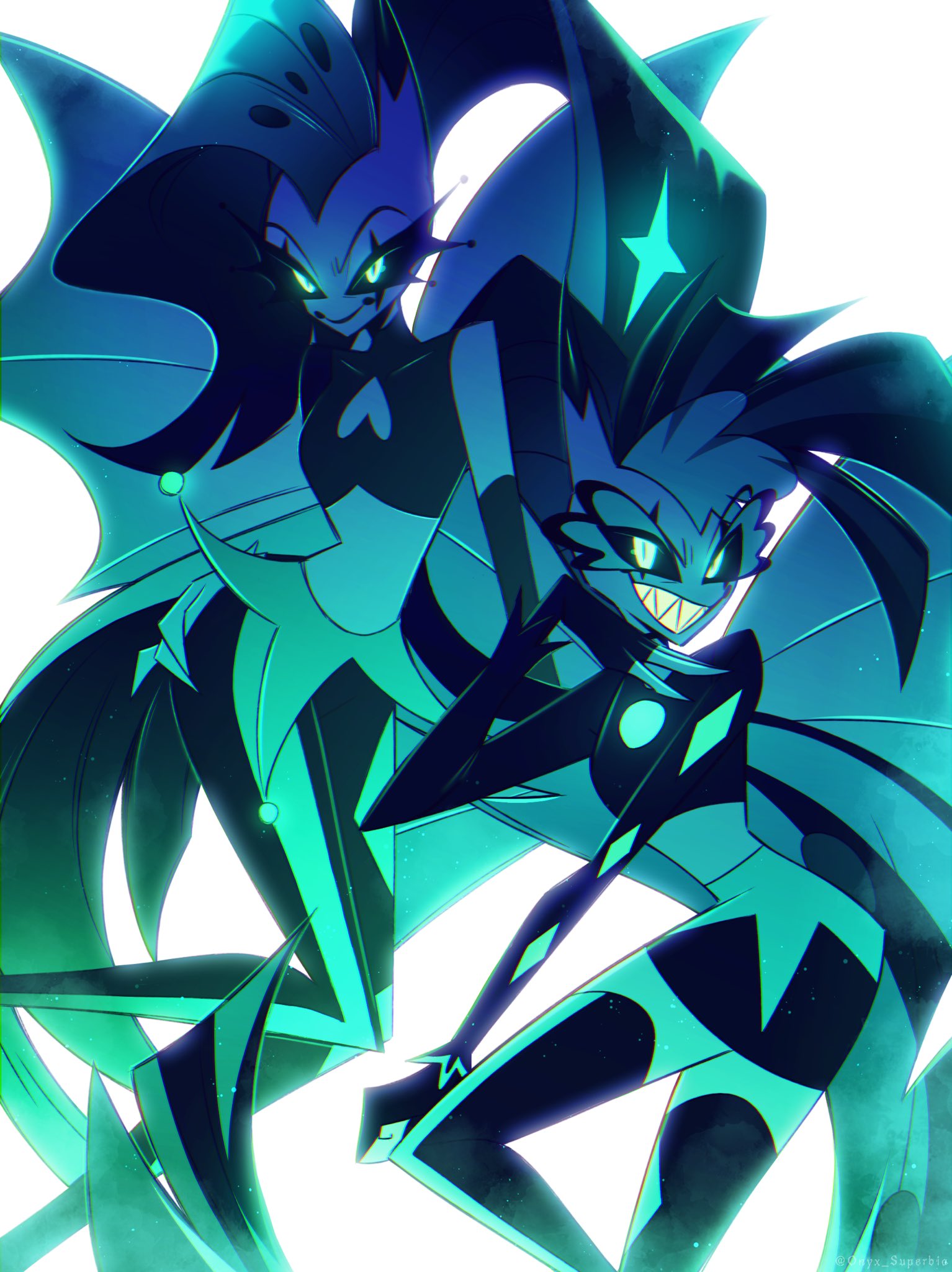 2girls, aqua_eyes, demon_girl, demon_horns, demon_wings, evil_grin, evil_smile, glam_(helluva_boss)