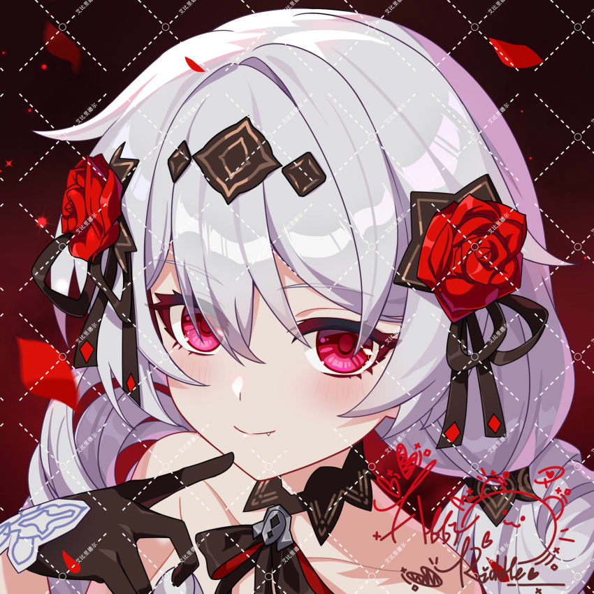 1girl, abby_riddle, bare_shoulders, black_gloves, chinese_commentary, commentary_request, falling_petals, fang