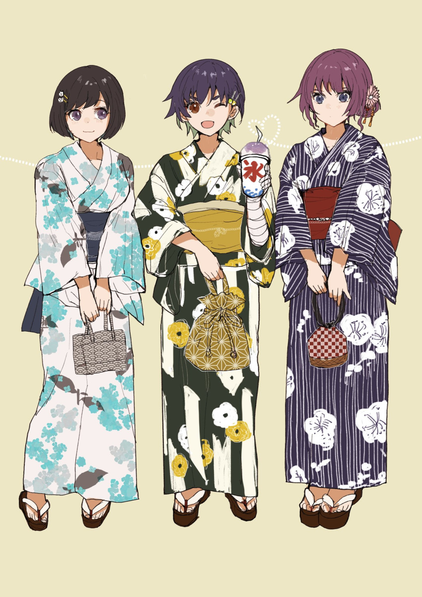 3girls, bag, bakemonogatari, black_hair, blunt_bangs, bob_cut, brown_eyes, choppy_bangs