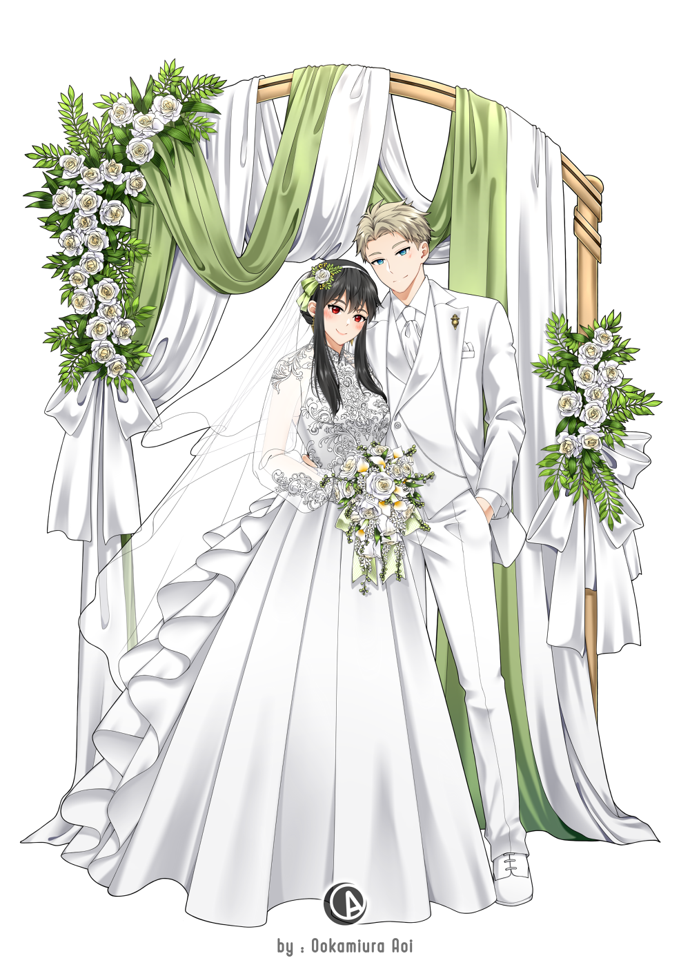 1boy, 1girl, artist_name, black_hair, blonde_hair, blue_eyes, bouquet, bridal_veil