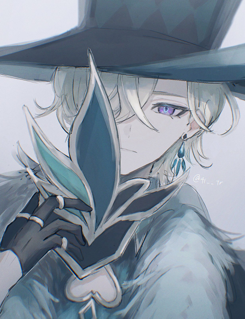 1boy, 41_tr, aqua_jacket, aqua_shirt, aventurine_(boss)_(honkai:_star_rail), aventurine_(honkai:_star_rail), black_gloves, black_hat