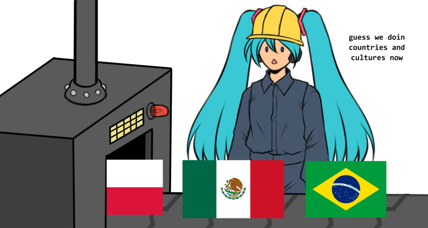 1girl, aqua_hair, blue_shirt, brazilian_flag, commentary, conveyor_belt, english_commentary, english_text