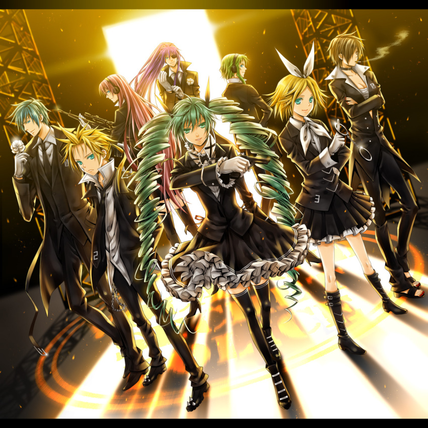 7.62x51mm_nato, aqua_hair, assault_rifle, blonde_hair, blue_eyes, blue_hair, boots, brown_eyes, brown_hair, cigarette, cuffs, dress, drill_hair, eyepatch, fabrique_nationale, flower, fn_fal, formal, gloves, green_eyes, green_hair, gumi, gun, hair_ribbon, handcuffs, hatsune_miku, highres, himitsu_keisatsu_(vocaloid), kagamine_len, kagamine_rin, kaito, kamui_gakupo, long_hair, megurine_luka, meiko, necktie, pink_hair, purple_hair, ribbon, short_hair, skirt, smile, smoking, suit, thighhighs, twintails, vocaloid, weapon, yuuno_(yukioka)