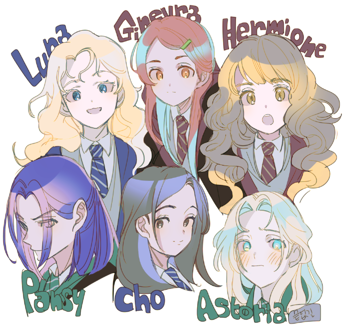 6+girls, astoria_greengrass, blonde_hair, blue_eyes, blue_hair, blush, cho_chang, closed_mouth