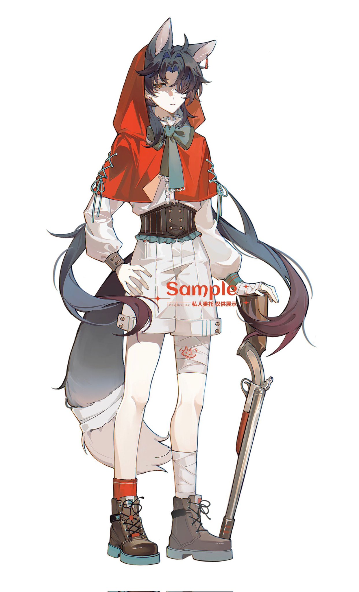 1boy, ahoge, animal_ears, bandaged_hand, bandaged_leg, bandaged_tail, bandages, black_corset, black_hair, blade_(honkai:_star_rail), boots, bow, bowtie, brown_footwear, capelet, center_frills, closed_mouth, commentary_request, corrupted_twitter_file, corset, earrings, expressionless, frilled_corset, frilled_shirt_collar, frills, gradient_hair, green_bow, green_bowtie, gun, hair_intakes, hair_over_one_eye, hand_on_own_hip, highres, honkai:_star_rail, honkai_(series), hood, hood_up, hooded_capelet, hsgbjisuw, jewelry, long_hair, long_sleeves, looking_at_viewer, male_focus, multicolored_hair, one_eye_covered, parted_bangs, red_capelet, red_eyes, red_socks, redhead, rifle, sample_watermark, shaded_face, shirt, short_shorts, shorts, simple_background, socks, solo, standing, stud_earrings, tail, very_long_hair, watermark, weapon, white_background, white_shirt, white_shorts, wolf_boy, wolf_ears, wolf_tail