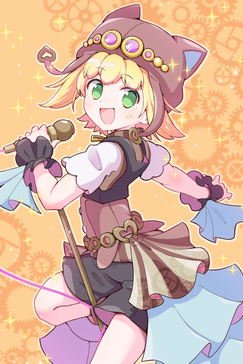 1girl, :d, absurdres, amitie_(puyopuyo), amitie_(steam_city)_(puyopuyo), animal_ear_headwear, animal_ears, aviator_cap, black_shorts, black_wrist_cuffs, blonde_hair, brown_hat, cat_ears, cowboy_shot, double-parted_bangs, fake_animal_ears, flipped_hair, frilled_wrist_cuffs, frills, gear_background, gears, happy, hat, highres, holding, holding_microphone, jazz_grace, knee_up, layered_clothes, looking_at_viewer, microphone, microphone_stand, no_pupils, official_alternate_costume, open_mouth, orange_background, outline, outstretched_arm, puyopuyo, puyopuyo_quest, short_hair, short_sleeves, shorts, showgirl_skirt, smile, solo, sparkle, split_mouth, steampunk, turning_around, vest, white_outline, wind, wrist_cuffs