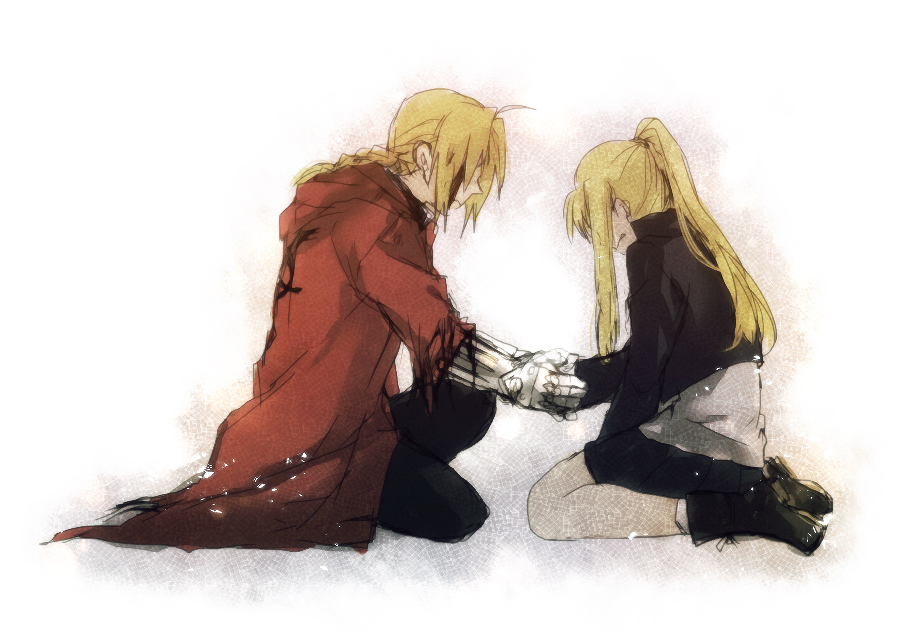 blood, braid, coat, edward_elric, fullmetal_alchemist, hand_holding, holding_hands, hood