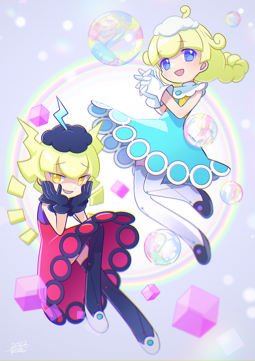 2girls, ahoge, aqua_dress, black_footwear, black_gloves, black_hat, black_thighhighs, blue_eyes