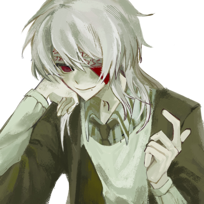 1boy, bandage_over_one_eye, black_jacket, black_necktie, closed_mouth, collared_shirt, falco, grey_shirt