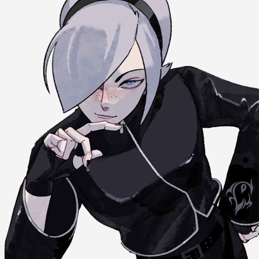 1boy, androgynous, arm_up, ash_crimson, belt, belt_buckle, black_belt, black_gloves
