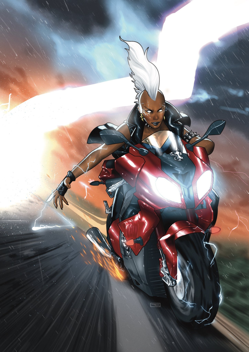 1girl, armlet, black_gloves, black_jacket, black_lips, blank_eyes, dark-skinned_female, dark_skin, earrings, electricity, fingerless_gloves, gloves, grey_sky, highres, jacket, jewelry, leather, leather_jacket, lightning, lightning_bolt_earrings, lightning_bolt_symbol, marvel, mohawk, on_motorcycle, open_clothes, open_jacket, outdoors, rain, sky, sleeveless, sleeveless_jacket, solo, spiked_armlet, storm, storm_(x-men), taurin_clarke, very_dark_skin, white_hair, x-men