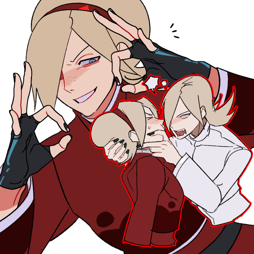 >_<, 2boys, ancestor_and_descendant, angry, arms_up, ash_crimson, asymmetrical_bangs, belt_buckle