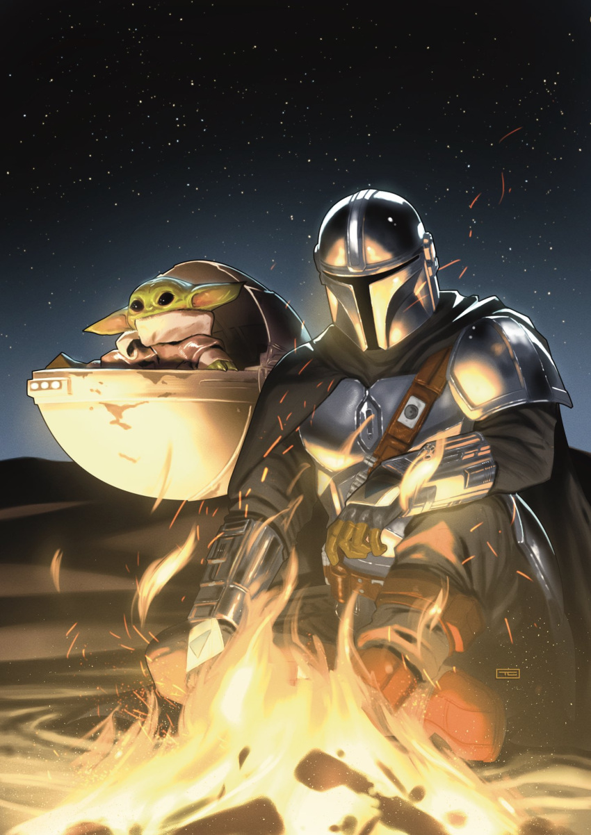2boys, alien, armor, black_cape, campfire, cape, colored_skin, din_djarin