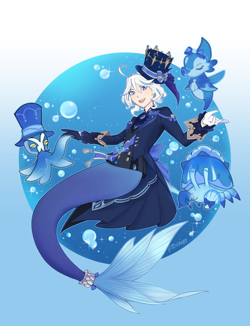 1girl, absurdres, ahoge, asymmetrical_gloves, black_gloves, black_skirt, black_vest, blue_bow, blue_eyes, blue_hat, blue_jacket, bow, commission, creature, english_commentary, flat_chest, furina_(genshin_impact), genshin_impact, gentilhomme_usher, glint, gloves, hair_between_eyes, hat, hat_bow, highres, jacket, looking_at_viewer, mademoiselle_crabaletta, mermaid, mismatched_gloves, monster_girl, monsterification, short_hair, skirt, smile, solo, surintendante_chevalmarin, tchenart, top_hat, twitter_username, underwear, vest, vision_(genshin_impact), white_gloves, white_hair